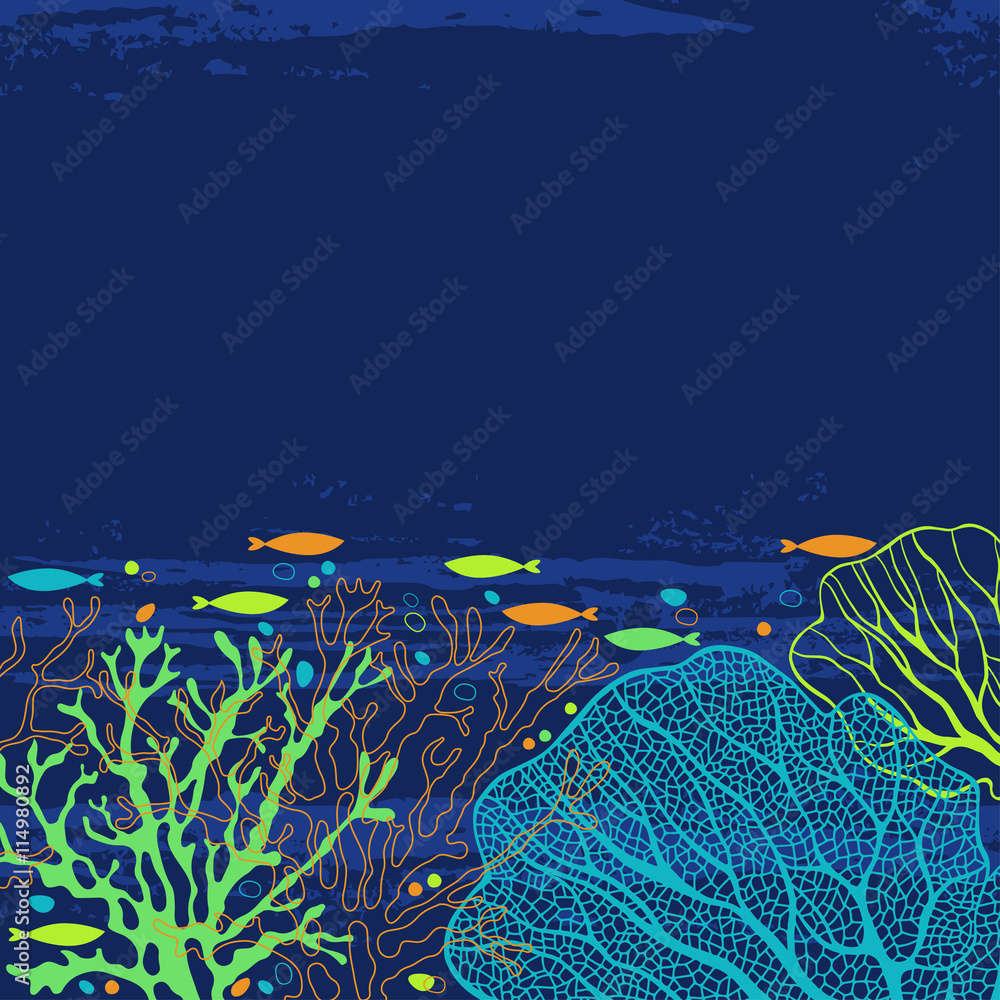 Naklejka premium Vector background on the marine theme with underwater plants and fishes
