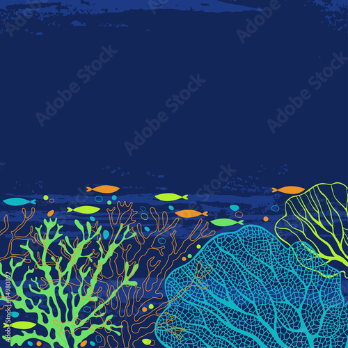 Vector background on the marine theme with underwater plants and fishes