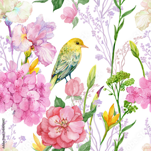 бесшовный узор ,акварель,цветы ,птица © mitrushova