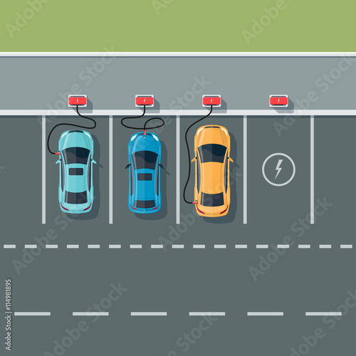 Electric Cars Charging at the Charging Station with Road Background