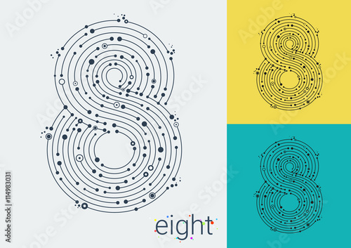Vector number eight on a bright and colorful background.
Mathematical symbols in techno style, created by interplay of lines and points. Template can be used for posters, banners, presentations.
