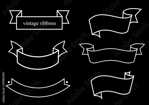 Vintage vector ribbons of different configurations in the technique of engraving on a black background