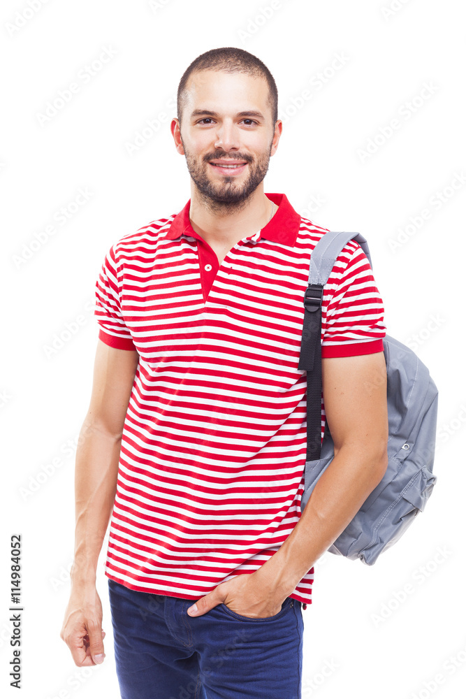 Student man standing with backpack, isolated on white background Student man standing with backpack, isolated on white background