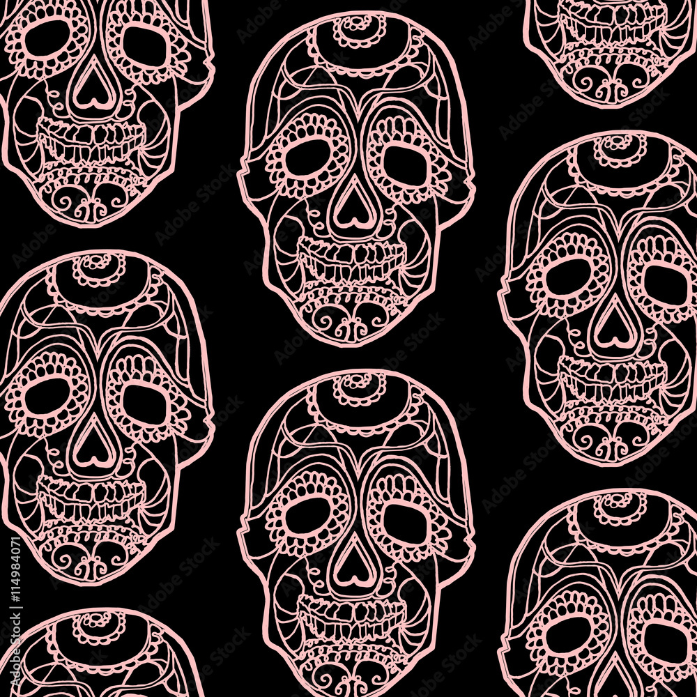Seamless pattern with pink skulls and black background