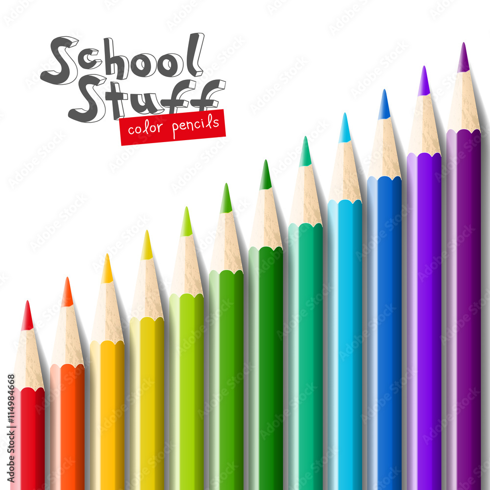Color pencils isolated on white background.Close up. School equipment for painting and art. Vector realistic illustration. Color pencils isolated on white background.Close up. School equipment for painting and art. Vector realistic illustration.