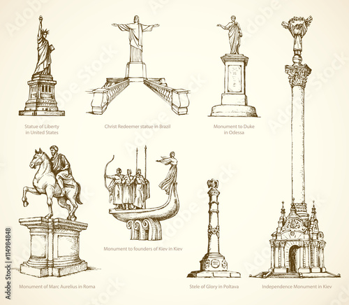 World famous historical monuments. Vector sketch