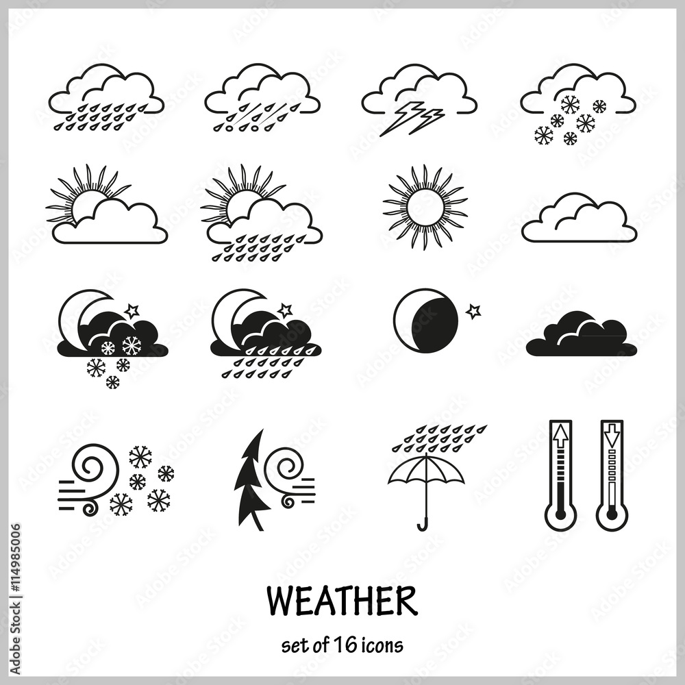 Obraz premium Set of 16 icons depicting weather conditions. Rain, snow, hail, lightning, wind, solar or cloudy weather.