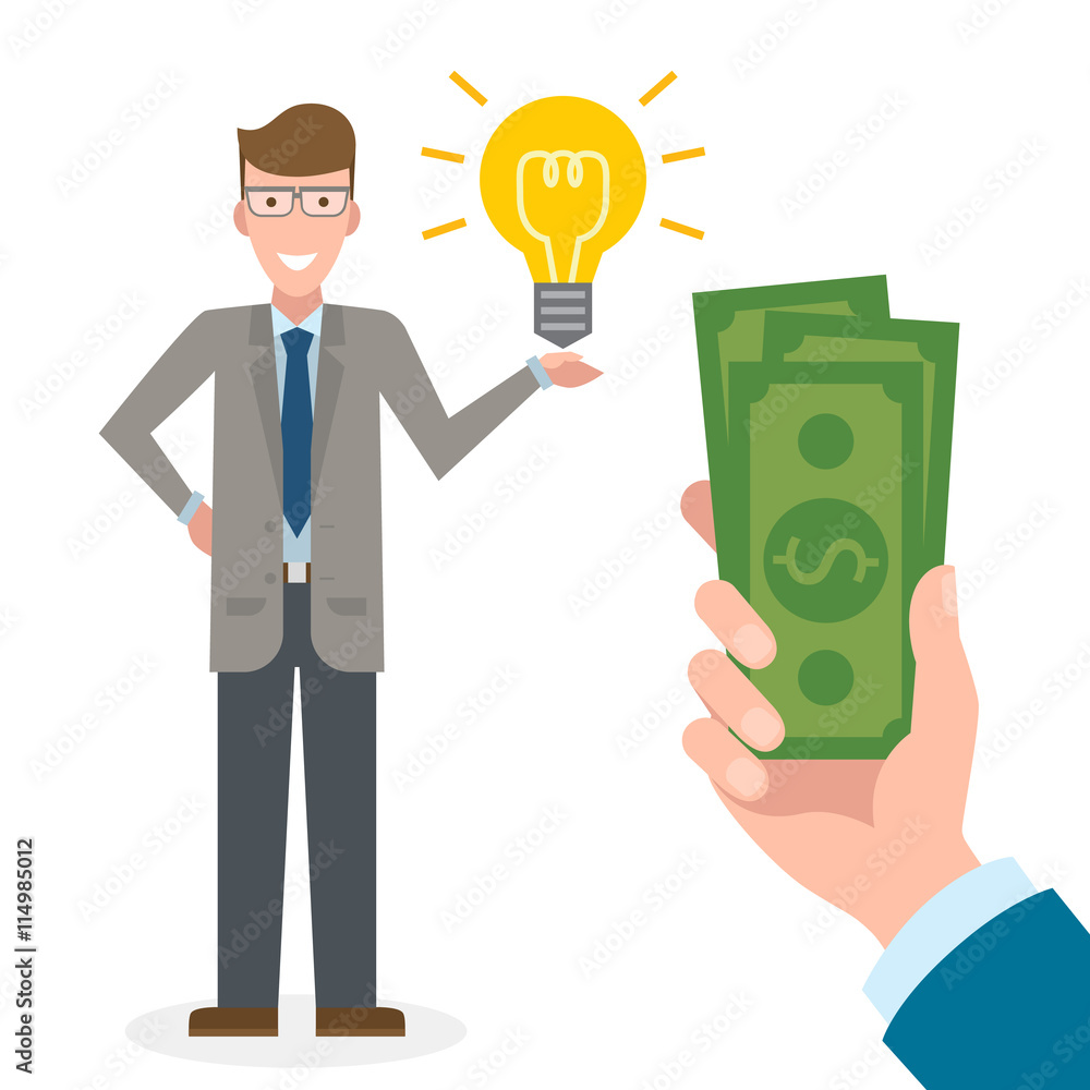 Businessman gets money for the idea. Handsome businessman has idea bulb. Selling new ideas, getting money. Funding concept. Money bag. Businessman gets money for the idea. Handsome businessman has idea bulb. Selling new ideas, getting money. Funding concept. Money bag.