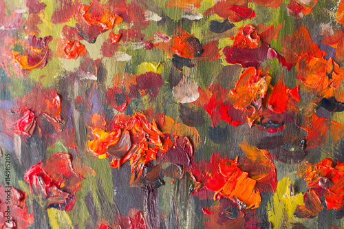 Red poppies flowers. Close up fragment of oil painting artistic flowers image. Artistic Palette knife flowers macro. Macro artist's impasto flowers, texture mixed oil paints flowers.