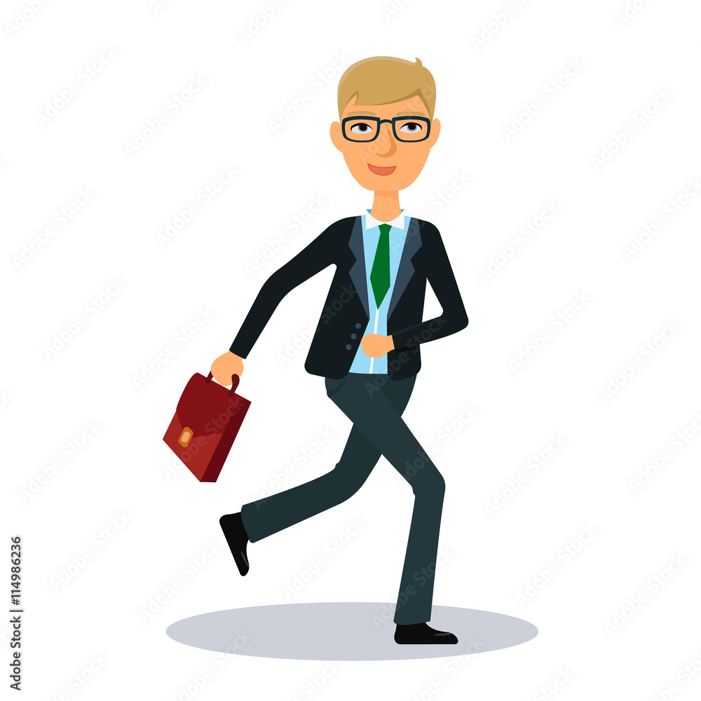 Running businessman. Businessman hurry to work. Business man character. Broker, manager or dealer. Flat vector illustration. Running businessman. Businessman hurry to work. Business man character. Broker, manager or dealer. Flat vector illustration.