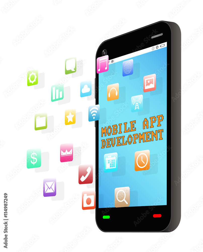 smartphone with floating icon and mobile app development screen smartphone with floating icon and mobile app development screen