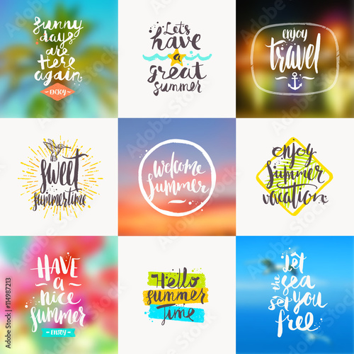 Vector set of summer travel and vacation handwritten calligraphy designs with blurred backgrounds.