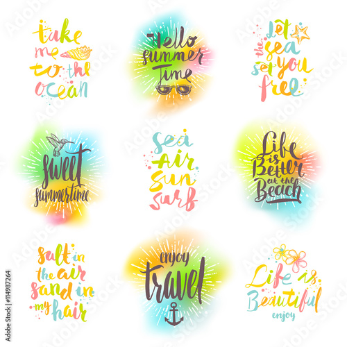 Set of summer holidays and tropical vacation handwritten calligraphy greetings. Vector illustration.
