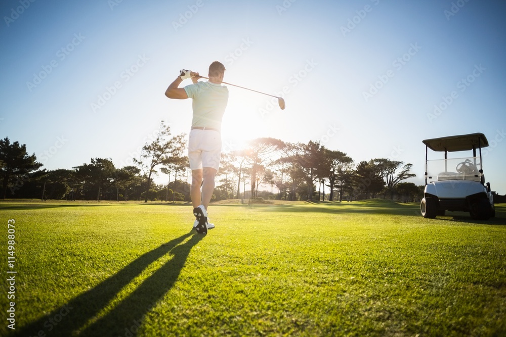 Rear view of male golfer taking shot  - obrazy, fototapety, plakaty 