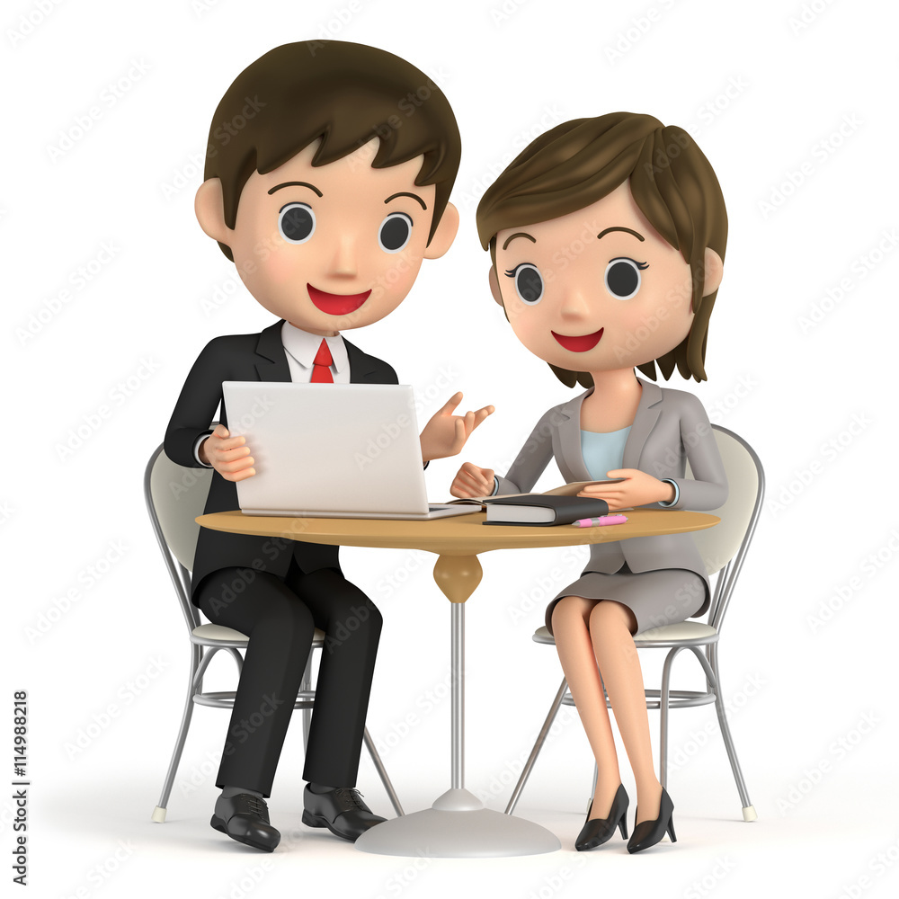 3D illustration character - The business men who talks while watching a note PC. 3D illustration character - The business men who talks while watching a note PC.
