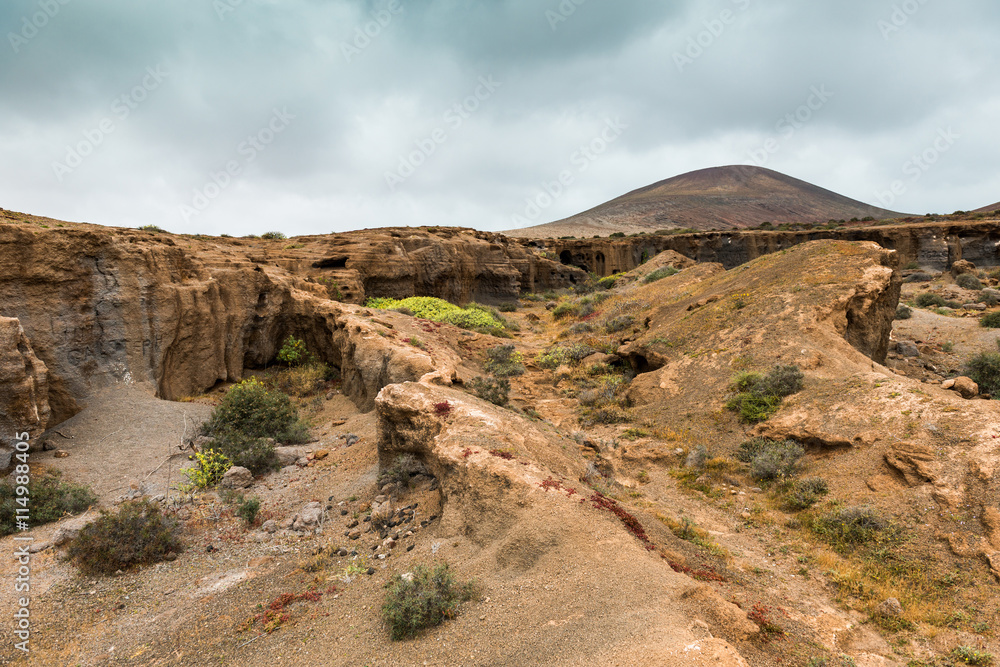 landscape with stony and rocky terrain of Lanzarote, Spain