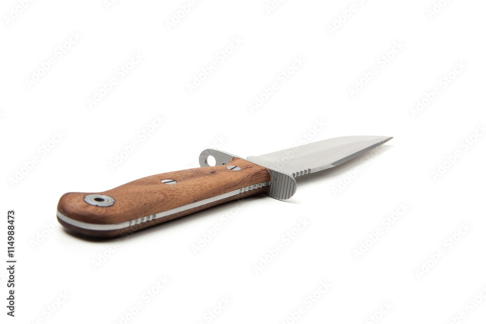 hunting knife with wooden handle, isolated hunting knife with wooden handle, isolated