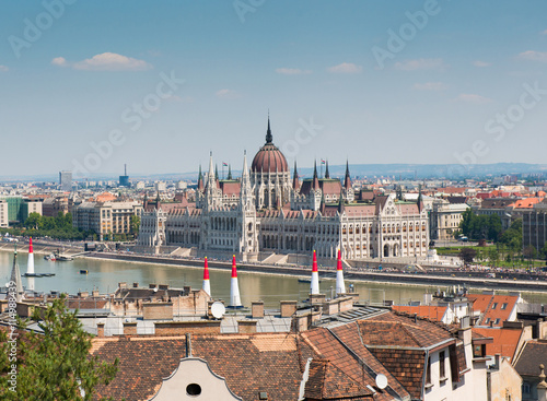 Budapest cityscape with National Hungarian Parliament and blue sky on the background, Hungary, aerial photo