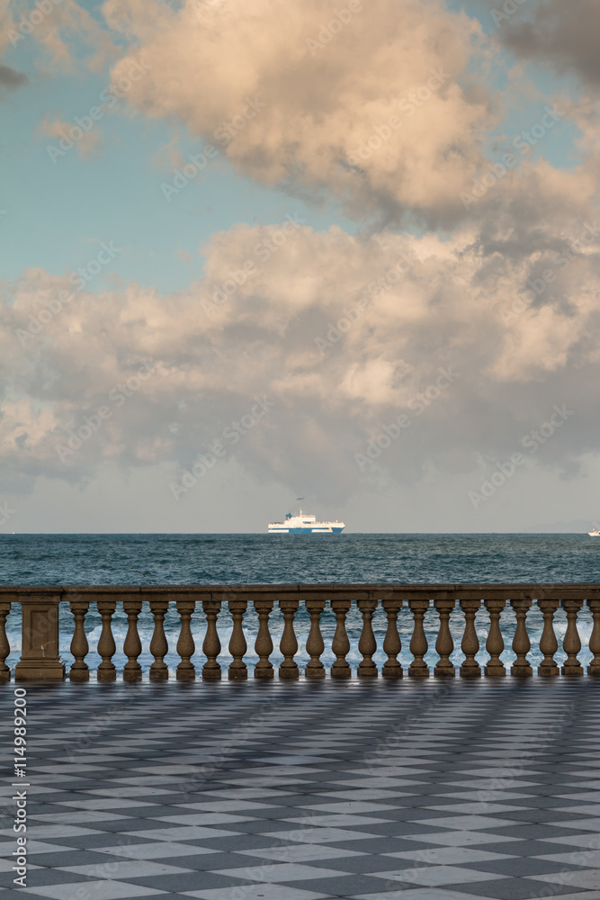 Livorno' s Mascagni Terrace and White Ferry-boat in Background,