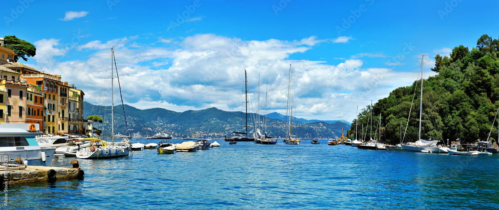 View from small bay Portofino full of yachts and boats on Liguri
