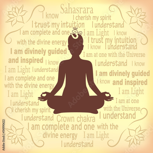 Meditating woman. Sahasrara chakra affirmation.