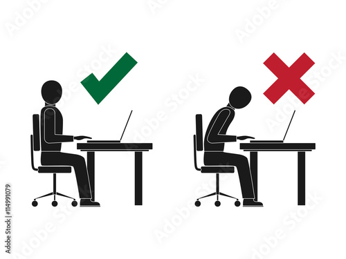 Correct and incorrect sitting posture at computer.