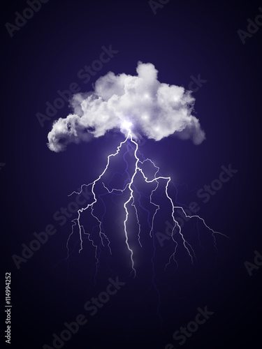 Bright realistic transparent vector lightning. Dark blue thunderstorm sky illustration. 