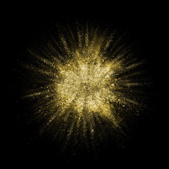 Gold glitter powder explosion. Golden color dust splash.