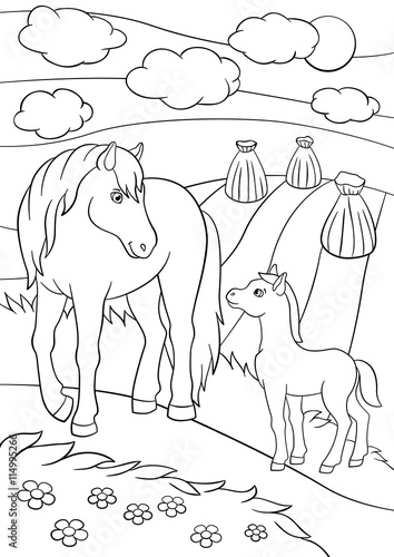 Coloring pages. Farm animals. Mother horse with foal.
