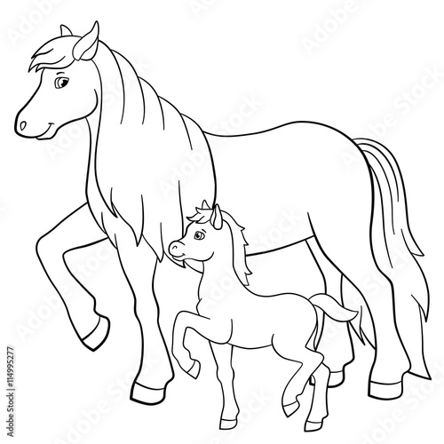 Coloring pages. Farm animals. Mother horse with foal.