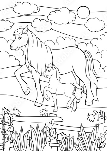 Coloring pages. Farm animals. Mother horse with foal.