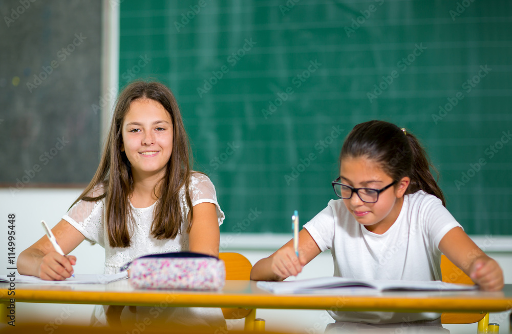 Portrait of two happy schoolgirls in a classroom, selective focus Portrait of two happy schoolgirls in a classroom, selective focus