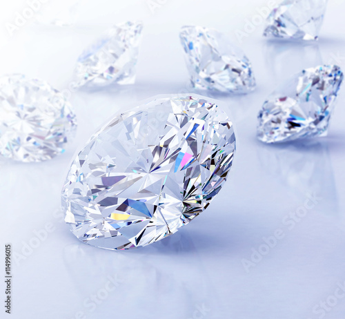 Group of diamonds placed on white background soft focus  3D illustration.