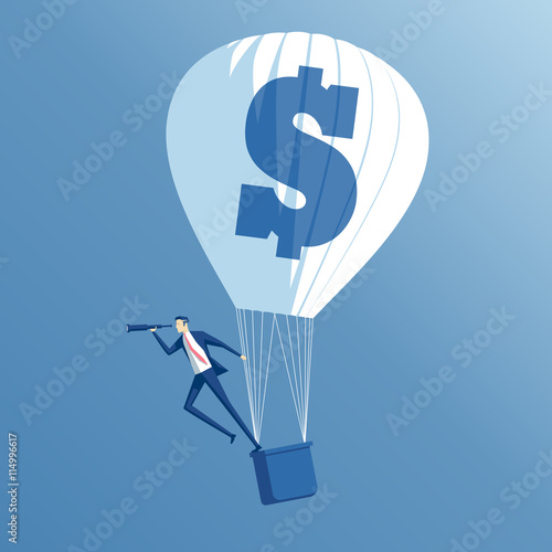 business concept searching, growth and investment, a businessman in hot air balloon looking through a telescope