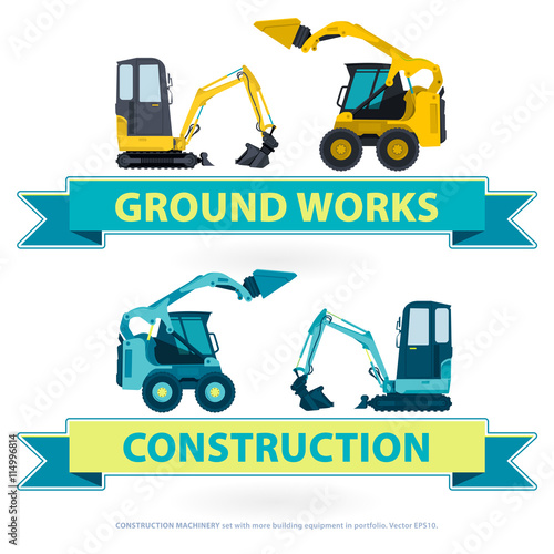 Construction machinery nice set. Blue ground works with sign. Machine vehicles, excavator. Building equipment digger, bagger. Heavy pavement foundation. Master vector illustration. Symbol brand.