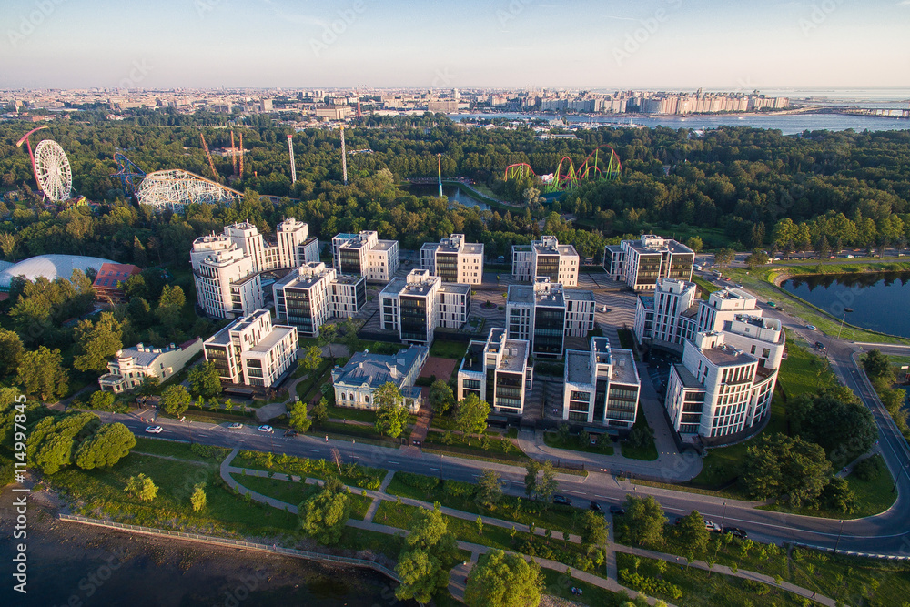 Residential complex in the Park at the sunset