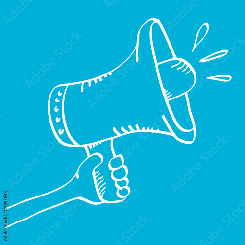 hand holding megaphone on blue background.