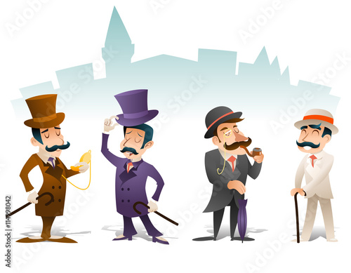 Business Victorian Gentleman Meeting Cartoon Character Icon Set English Great Britain City Background Retro Vintage Design Vector Illustration