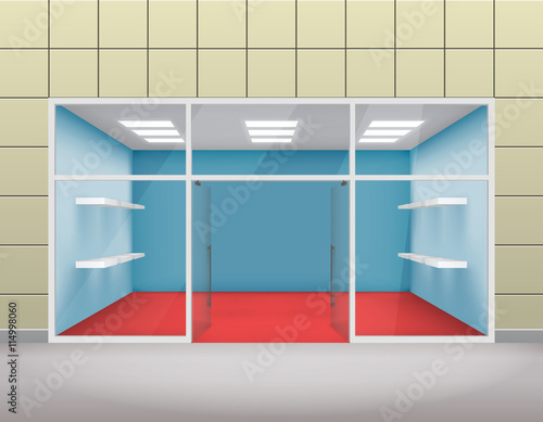 Empty shop front boutique window and open door 3d template vector illustration