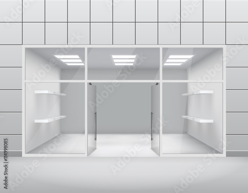 Empty shop front boutique window and open door 3d template vector illustration