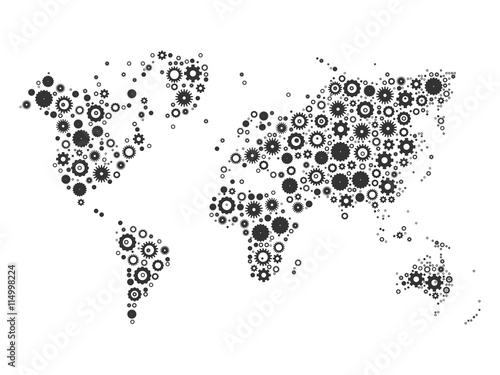 World map mosaic of grey cog wheels on white background. Industrial theme. Vector illustration.