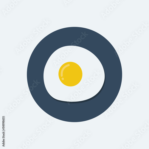 Fried egg flat icon. Fried egg flat design with shadow. Fried egg vector. Fried egg in cartoon style. Colorful fried egg. Fried egg isolated on navy blue background.