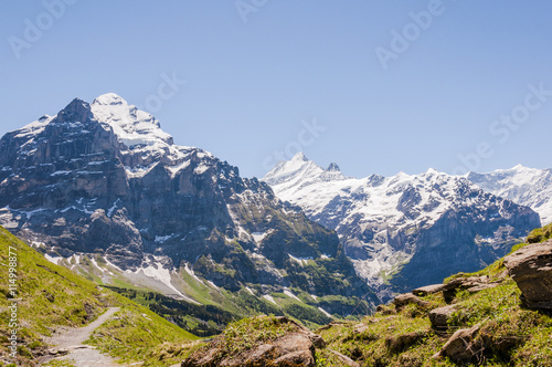 Grindelwald, Alpen, Schweizer Berge, Wetterhorn, Schreckhorn, Grindelwaldgletscher, Wanderweg, Höhenweg, Berner Oberland, Sommer, Schweiz