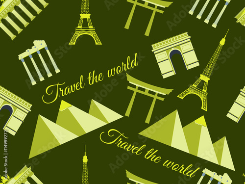 Seamless pattern with architectural monuments from different countries. Vector illustration.