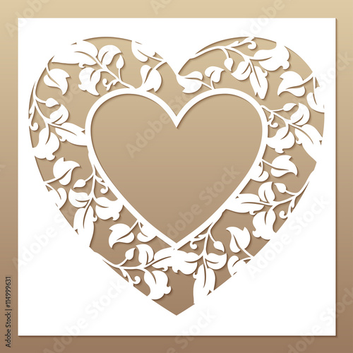 Openwork white frame with heart and leaves. Laser cutting templa