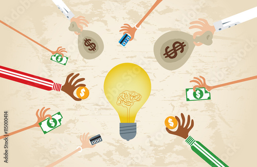 Crowdfunding concept with hands holding money to give their support around brain light bulb idea.