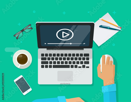 Workplace with person working on laptop watching video player, concept of webinar, business online training, education on computer, e-learning concept, video tutorial vector illustration