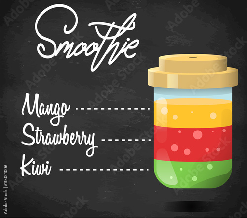 Smoothie with mango, strawberry and kiwi on black background