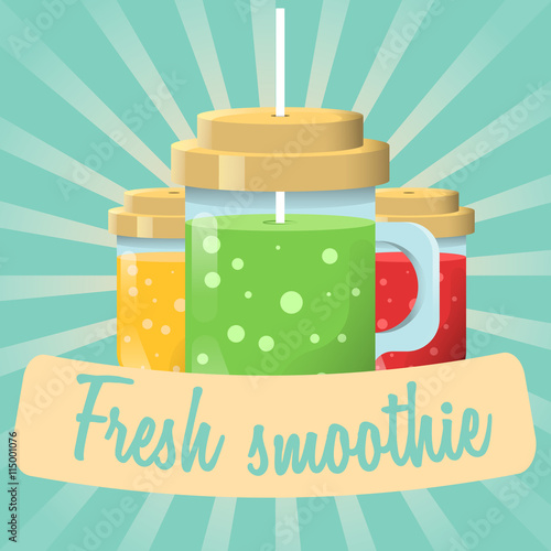 Smoothie with mango, strawberry and kiwi on blue background