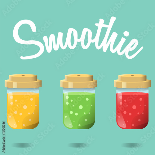 Smoothie with mango, strawberry and kiwi on blue background